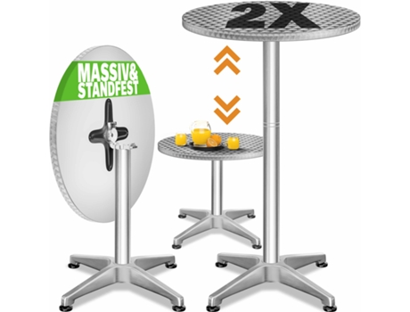 Juego de 2 mesas altas de aluminio plateado Ø60cm plegables y regulables en altura