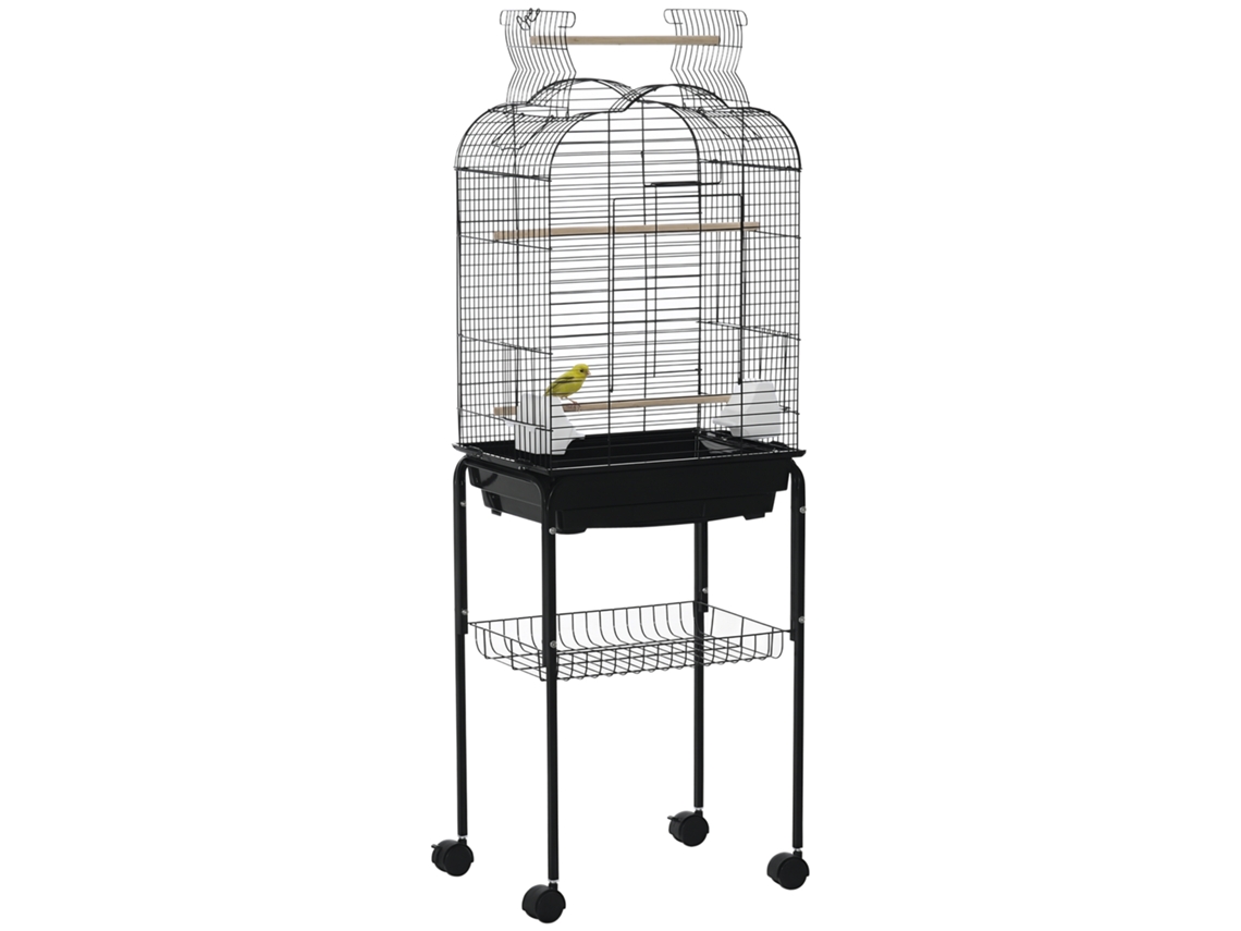 Jaula para canarios Pawhut con soporte, ruedas, techo abatible, perchas y bandeja extraíble - Negra