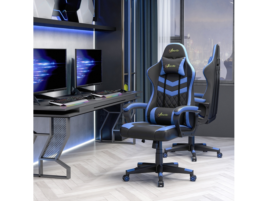 Silla gaming, silla de oficina ergonómica con altura, inclinación y reposacabezas ajustables, 61x70x121 (129 cm), azul, KAKFOUR