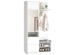 Armario compacto con espejo, banco, zapatero y ganchos, blanco, 120x40x90 cm, MOBRIO