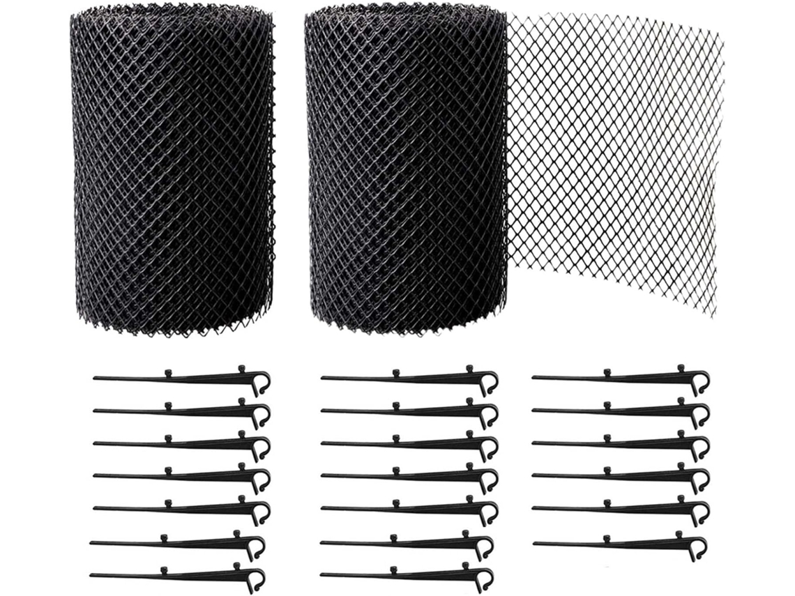 MEOIRUERY 2 Rollos Rejillas Protección Canaletas PP Duraderas, Protección Techo y Hojas + 20 Ganchos Fijación + 18 cm Ancho + 16 m Largo