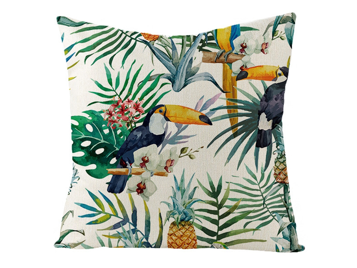 Funda De Cojín De Lino Con Estampado De Hojas Verdes Tropicales