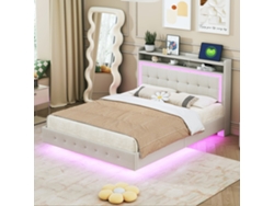 Cama Tapizada De 140x200 Cm Con Iluminación Led, Puerto Usb, Diseño Suspendido, Cabecero Reversible Y Ropa De Cama Beige.