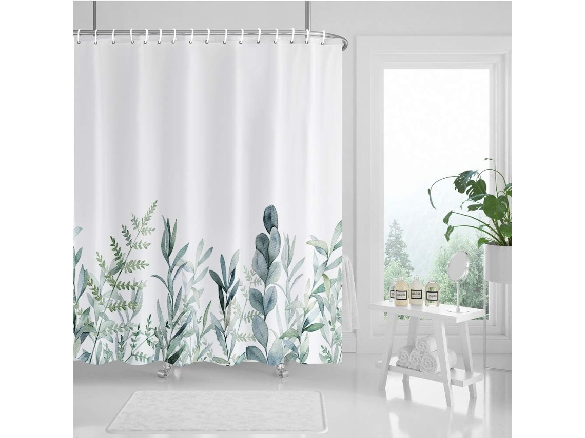Cortina de ducha con hojas verdes, flores y plantas, cortina textil para baño Jortmrd