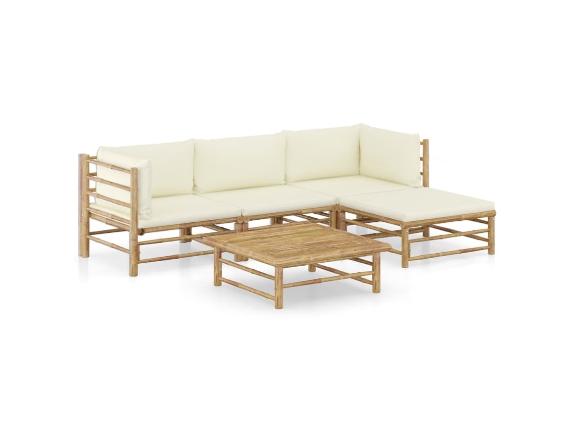 Conjunto Lounge 5 Peças P/ Jardim Em Bamboo C/ Almofadões Branco Nata Dkd Home Decor
