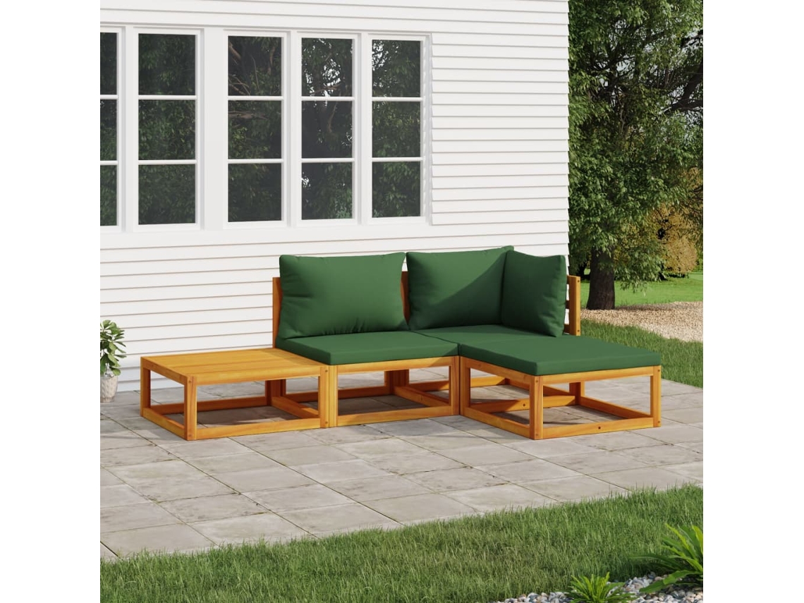 Conjunto 4 Peças Lounge Jardim Madeira C/Almofadões Verdes Dkd Home Decor