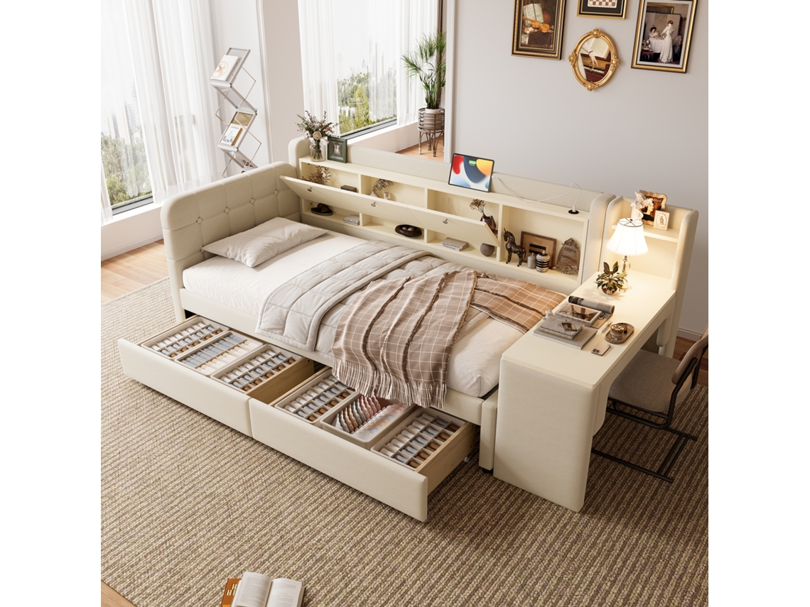 Sofá Cama 90x200 Cm Con Escritorio, Led, Usb/usb-c, Cajones, Almacenamiento, Beige, Sin Colchón.
