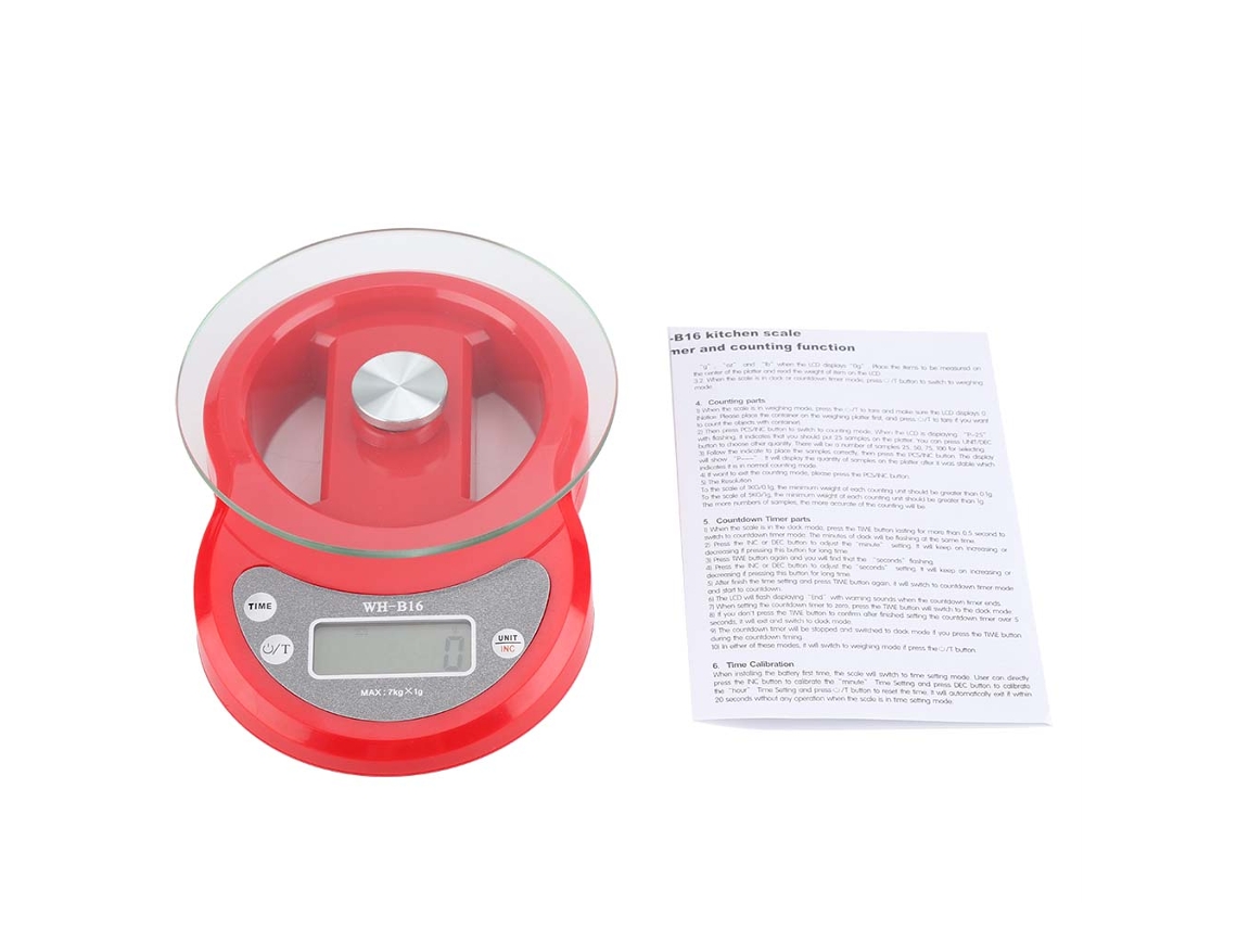 Báscula de cocina digital electrónica de precisión de 5 kg/1 g con bandeja de vidrio para pesar alimentos y usar en horno (roja)