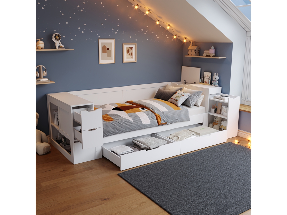 Cama Infantil 90x190 Cm - Multifunción Con Cajones Y Espacio De Almacenamiento - Blanco