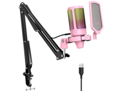 Kit de micrófono para videojuegos con botón de silencio, iluminación RGB y soporte. Micrófono de condensador cardioide. Mdug (rosa).