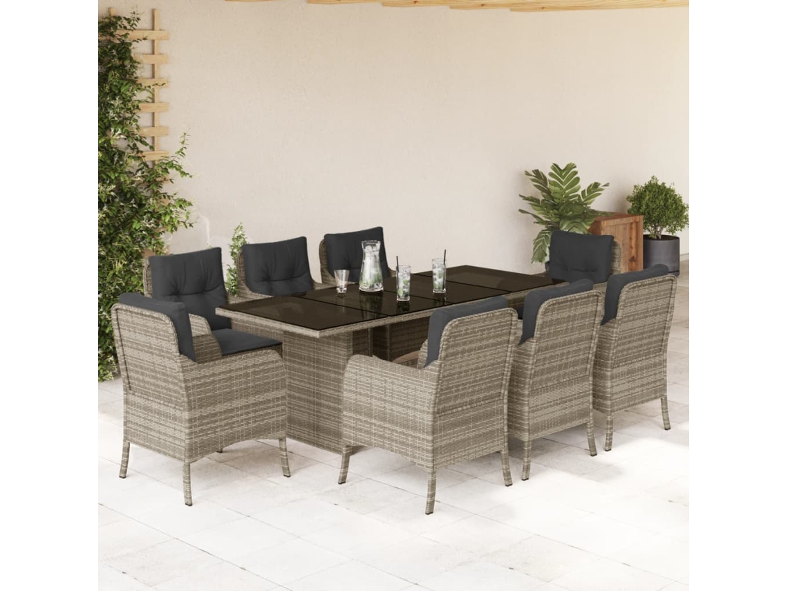 Juego de comedor de jardín de 9 piezas con cojines gris claro, Dkd Home Decor
