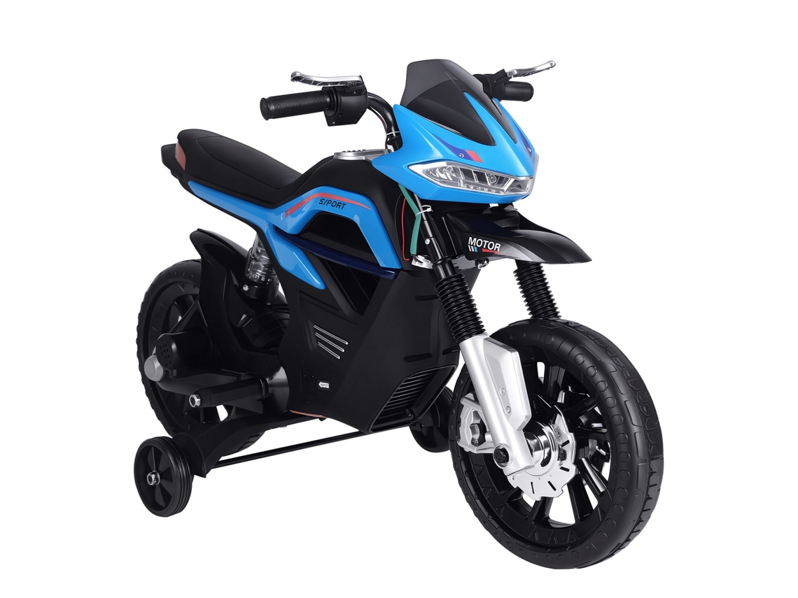 Motocicleta eléctrica para niños mayores de 3 años, batería de 6V, con luces y música, 105x52.3x62.3 cm, azul.