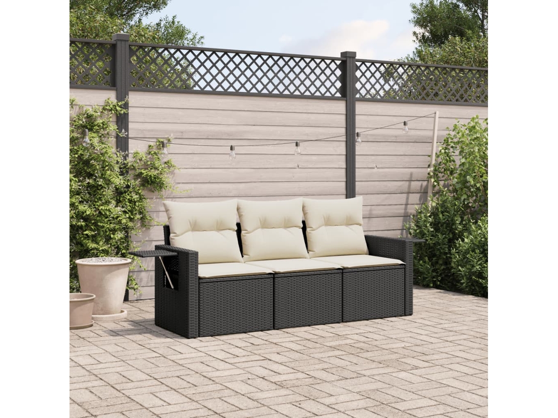 3 Pcs Conjunto Sofás De Jardím Com Almofadões Vime Pe Preto Dkd Home Decor