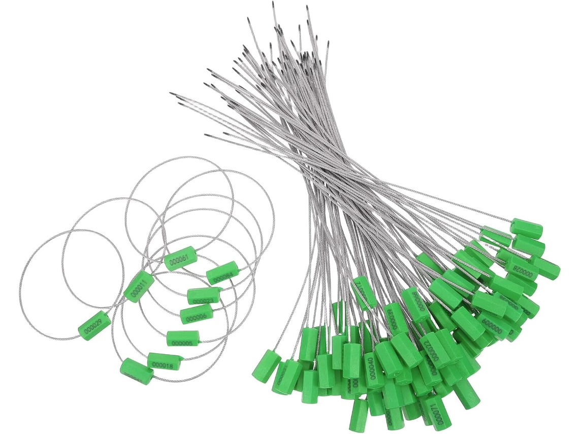 Paquete de 100 precintos de seguridad de acero numerados, 1,8 x 305 mm, color verde. SFUSHOS