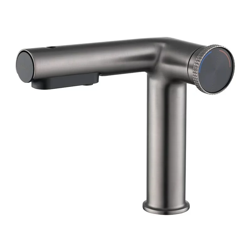 Grifo extensible (gris) para lavabo con tres modos de funcionamiento: agua caliente y fría.