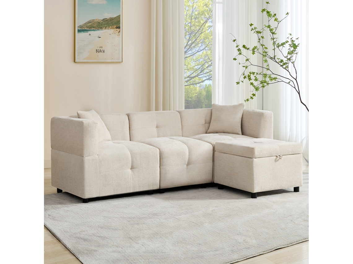 Sofá L 3 Plazas Almacenaje Chaise Longue Reposapiés Extraíble Cojines