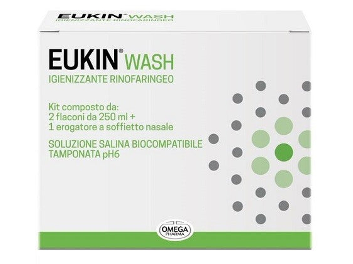 Kit desinfectante rinofaríngeo Eukin Wash, 2 frascos de 250 ml, erogador nasal Omega Pharma