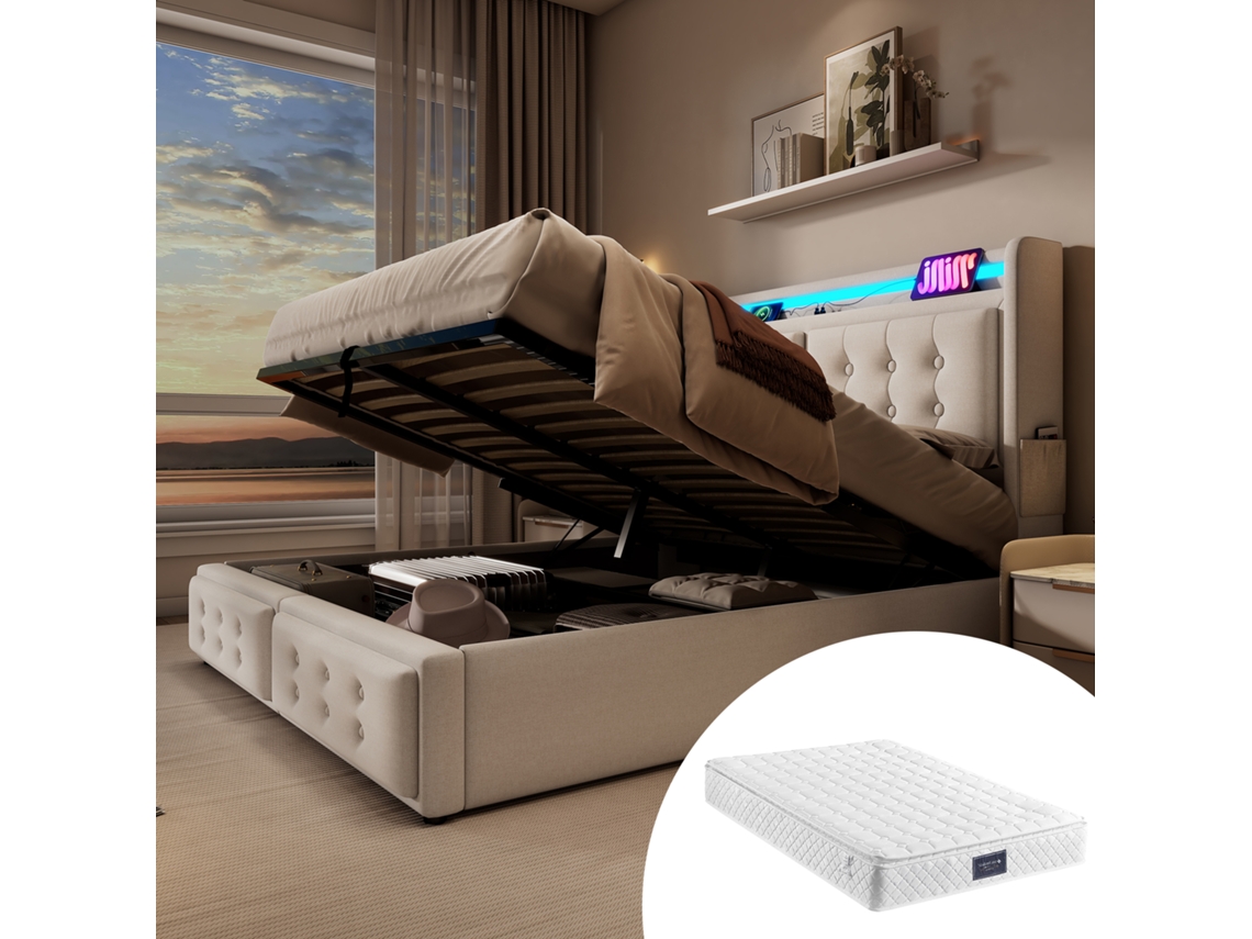 Cama Beige (160x200 Cm) Con Iluminación Led Usb-c, Compartimento De Almacenamiento Y Colchón.