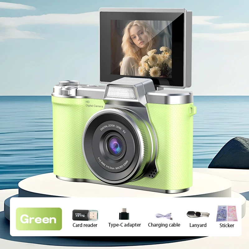 (verde, No Requiere Tarjeta Tf) Cámara Digital 4k Con Resolución De 48 Mp, Pantalla Abatible De 180° Recargable.