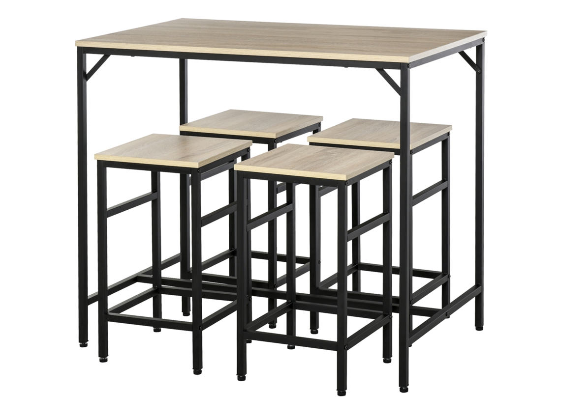 Conjunto De Mesa Alta Y 4 Taburetes, Estilo Industrial, Metal Y Madera Clara.