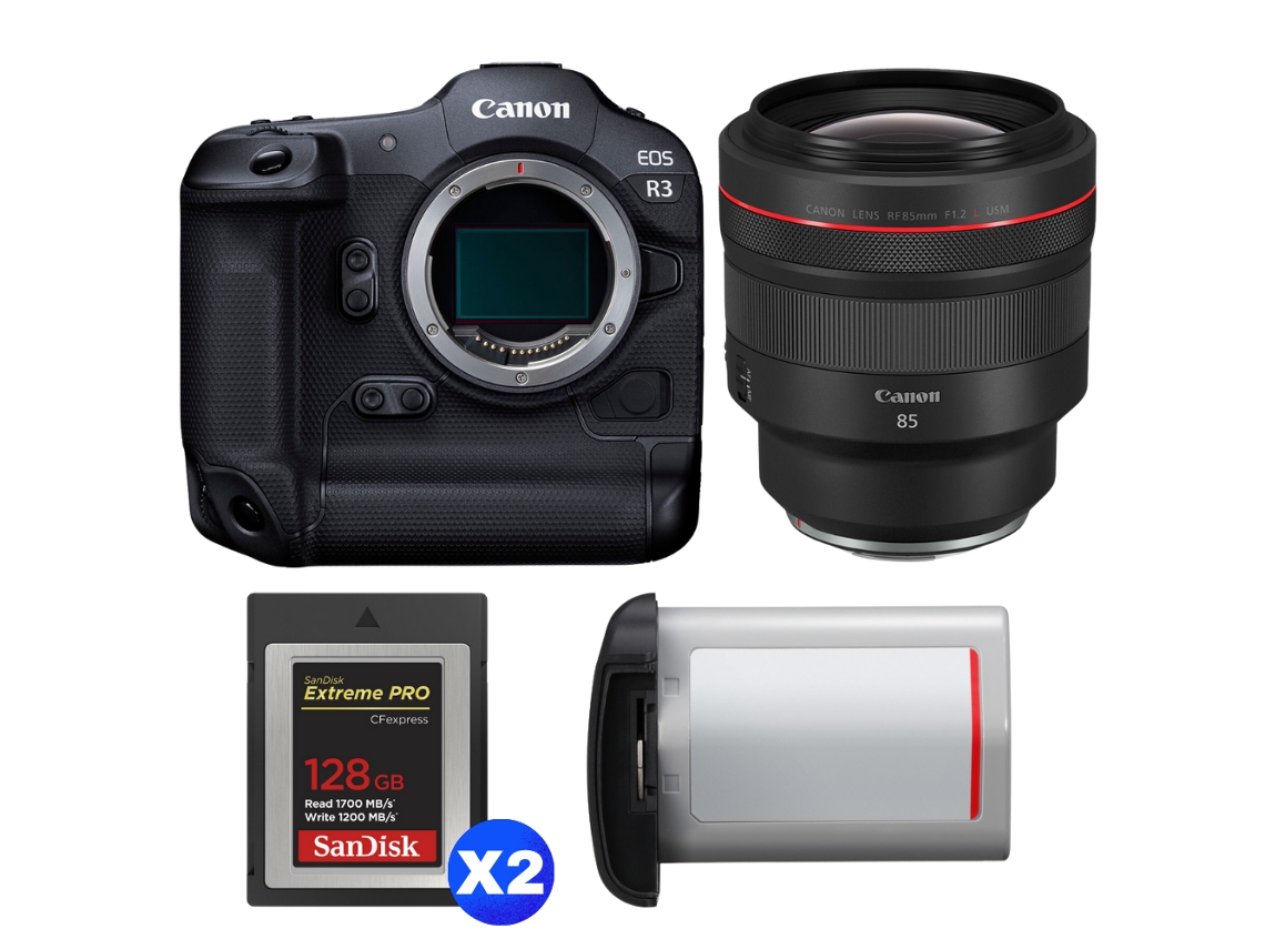 Canon EOS R3 + RF 85mm F/1.2 L Usm + 2 Sandisk 128GB Extreme Pro CFExpress Tipo B + Canon LP e19 + Libro electrónico “20 consejos para fotos impresionantes”