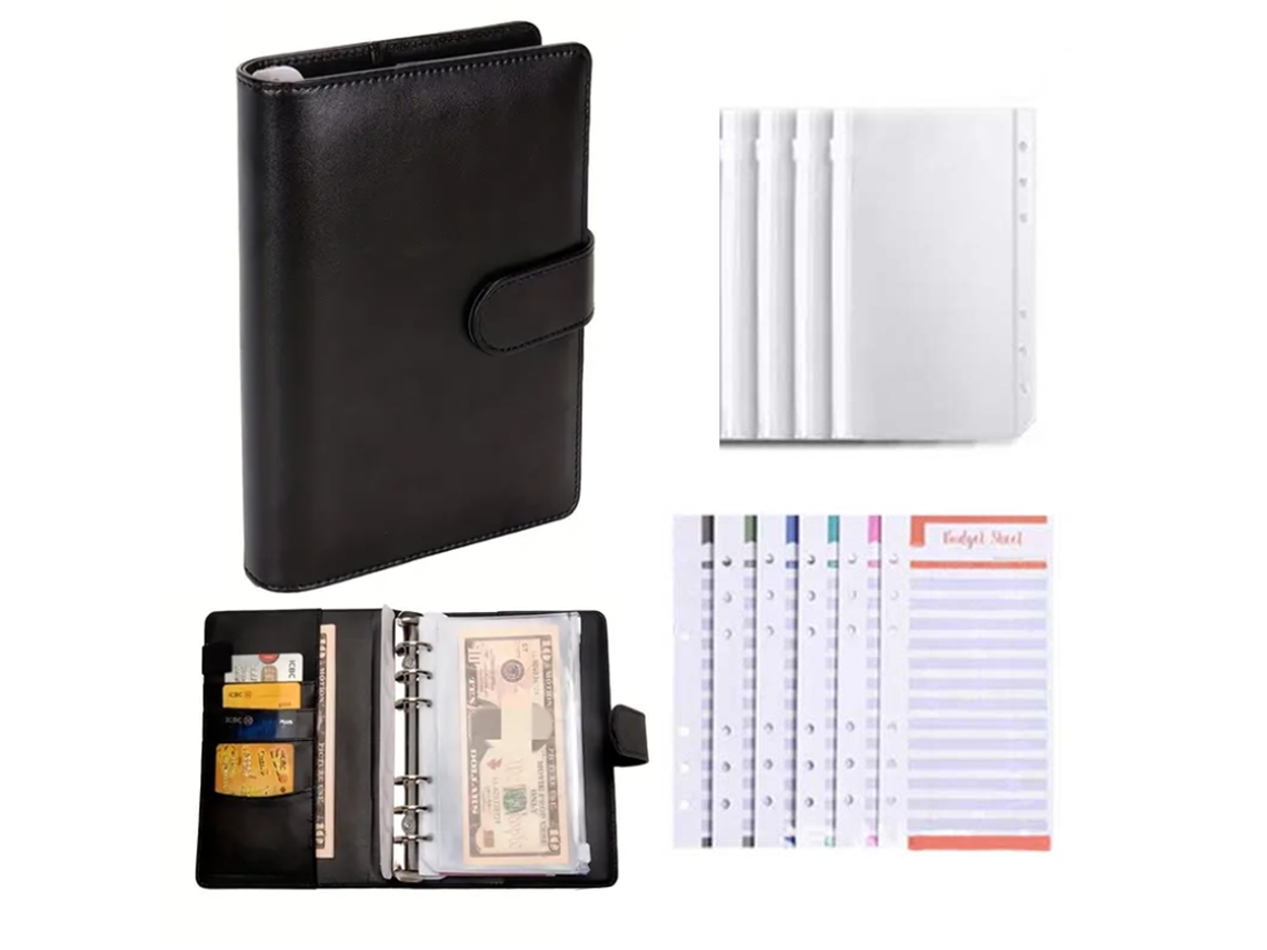 Libreta A6 de cuero negro con bolsillo con cremallera para dinero y documentos, MDUG