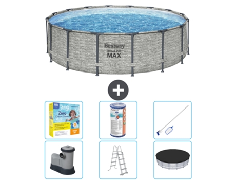 Piscina BESTWAY Round Steel Pro MAX - Estampado Piedra - 488 x 122 cm - Incluida Bomba - Escalera - Cobertor Accesorios CB36