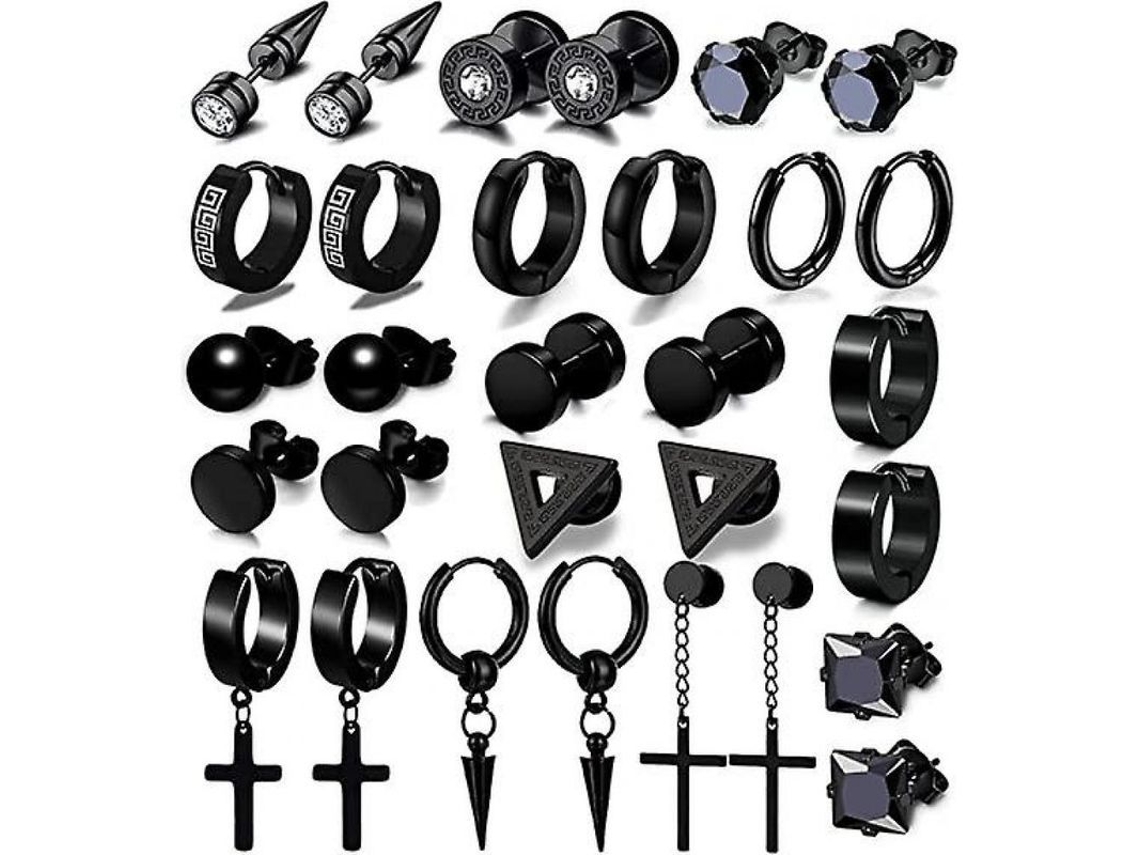 Kit De Aretes De Acero Inoxidable Negro Para Hombre Y Mujer Con 15 Pares: Argollas, Pendientes Y Tachuelas De Moda