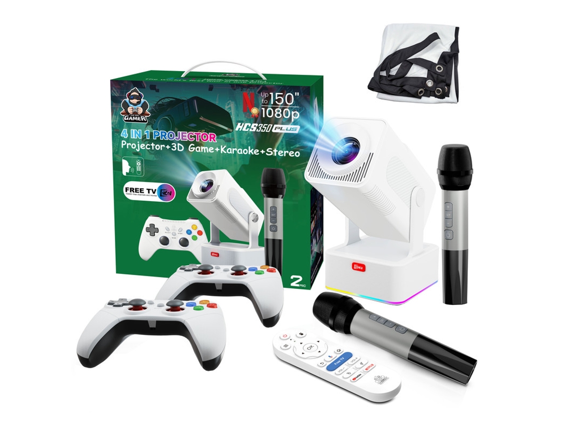 Proyector 4 en 1 Szsmart Hcs350 Plus con pantalla nativa de 60'' 4:3 1080p, 450 ANSI, Android 12, Wi-Fi 6, 2 micrófonos + 2 gamepads, karaoke, juegos retro