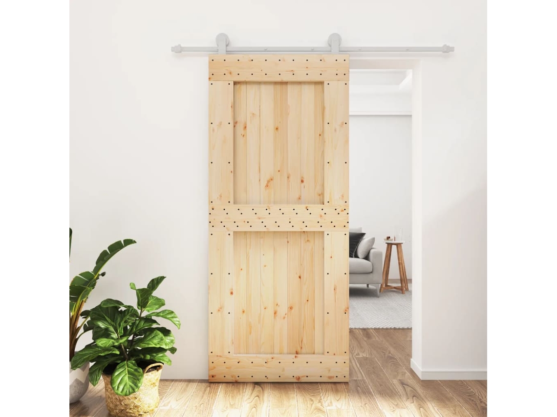 Puerta Corredera Con Herrajes Madera Maciza De Pino 90x210 Cm