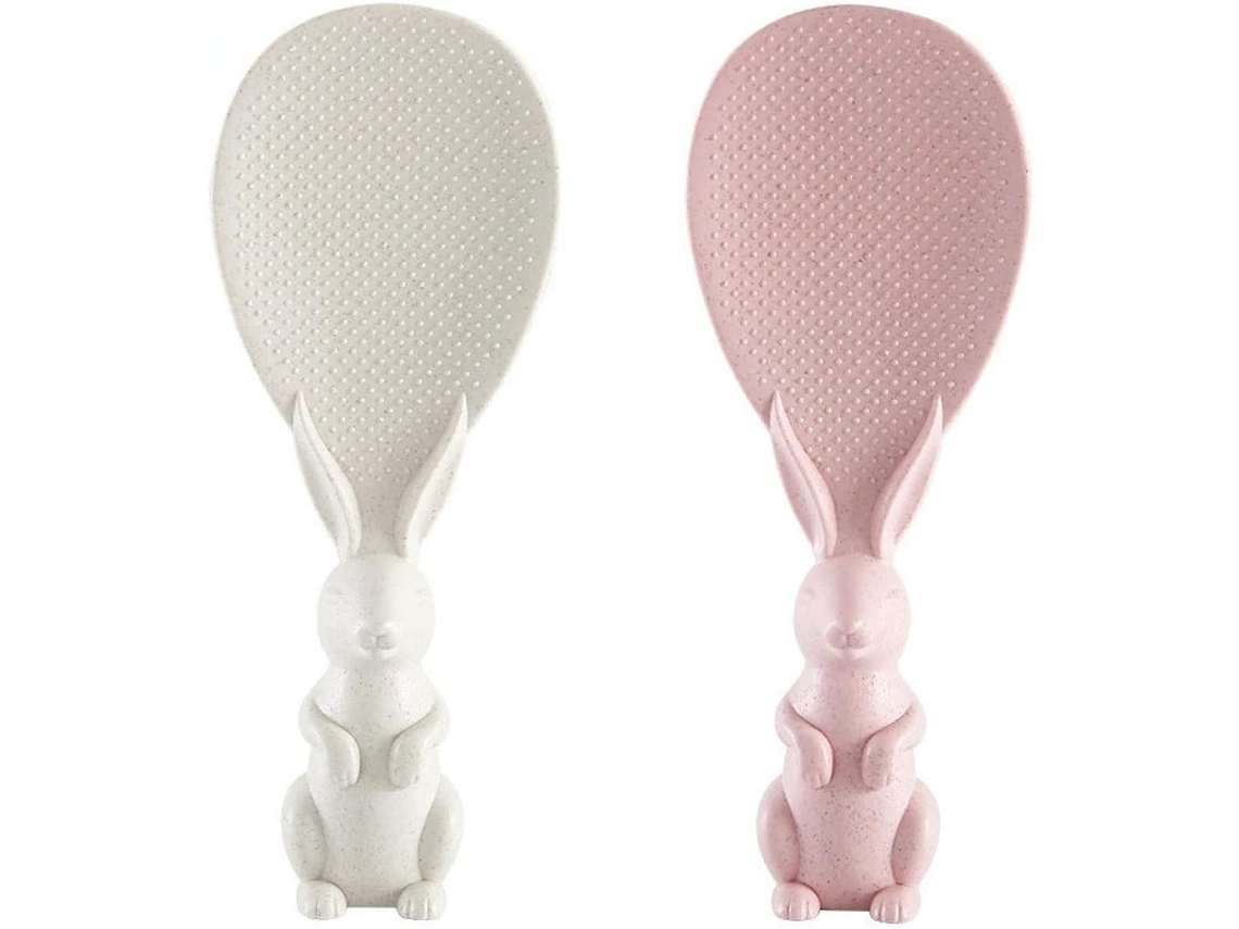 Paquete de 2 cucharas antiadherentes para arroz, espátulas para servir arroz con forma de conejo que se mantienen de pie (blancas y rosas).
