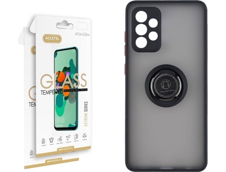 Funda y 2 Protectores de Cristal Samsung Galaxy A72 5G ACCETEL Gel Bumper Ring Negro