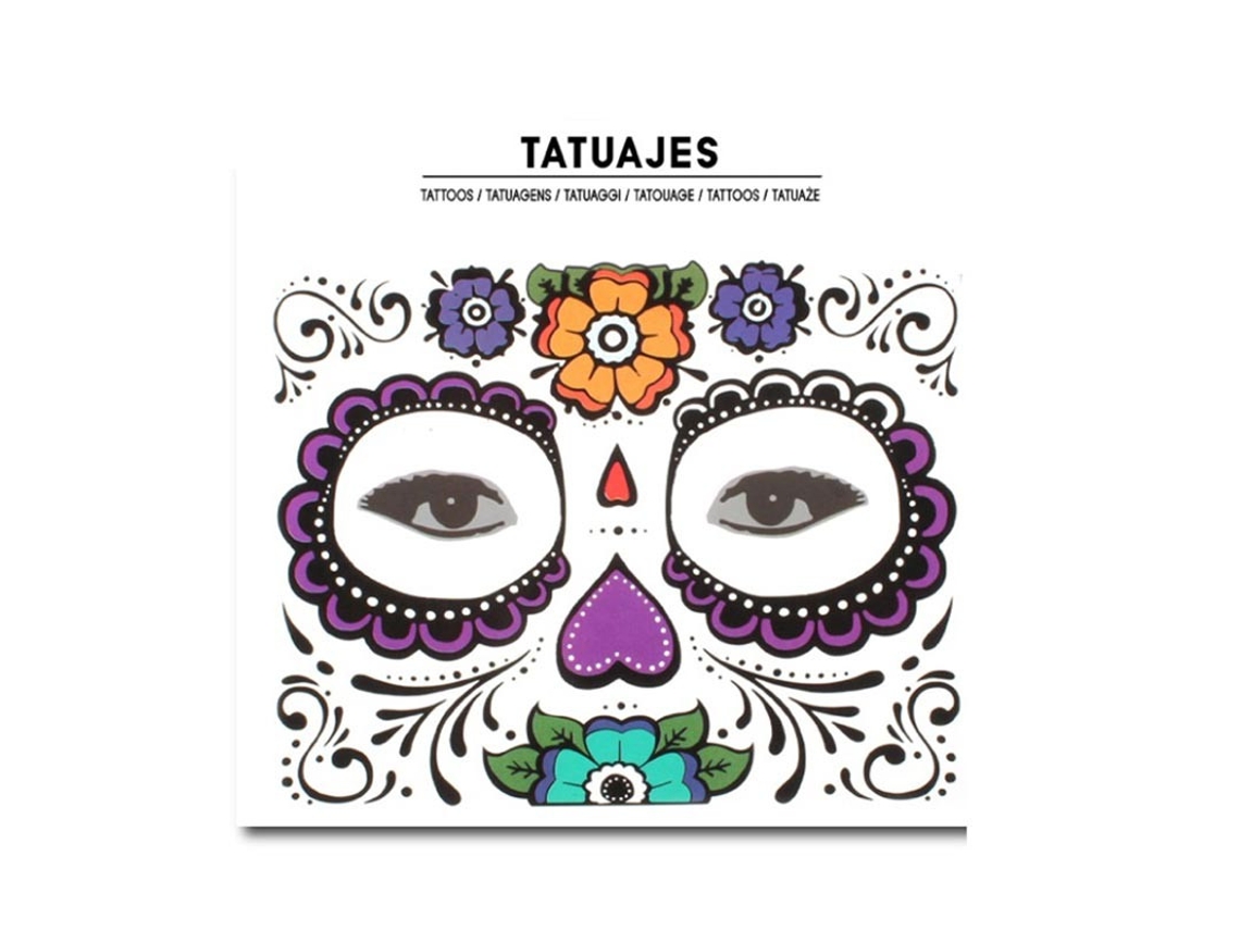Tatuaje facial de Catrina flores moradas adulto
