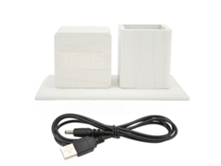 Reloj Despertador Digital Con Portaplumas, Termómetro, Calendario Y Control De Voz Luz Led Blanco Madera Blanco 3 Niveles Brillo