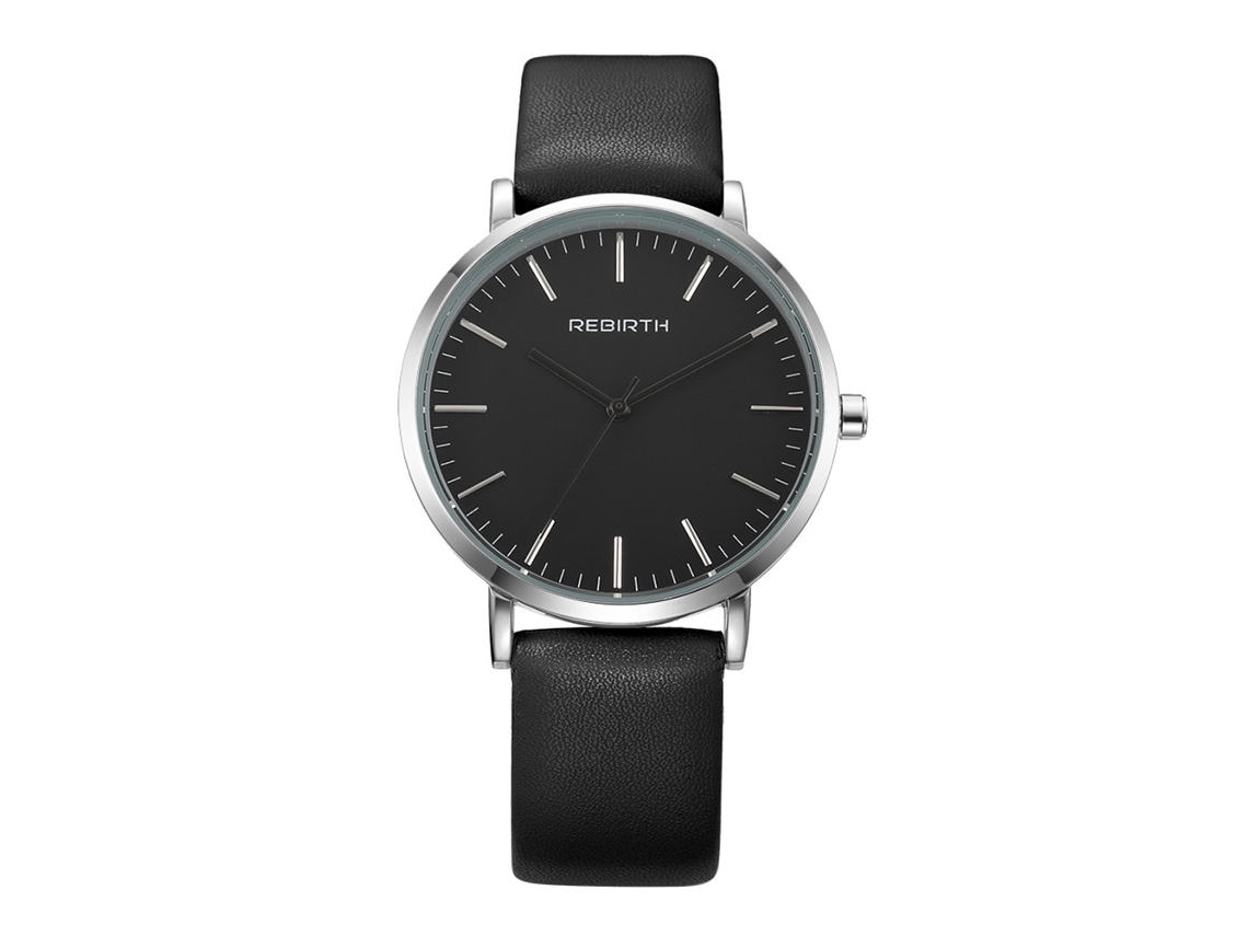 Reloj De Pulsera De Cuarzo Rebirth Para Mujer, Correa De Piel Sintética Negra, Esfera Negra, Caja Blanca.
