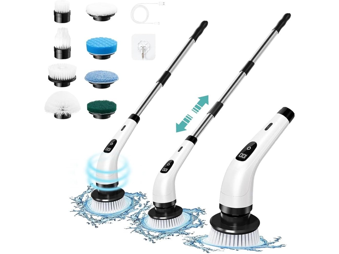 Cepillo de limpieza eléctrico con pantalla LED, 8 cabezales reemplazables para limpiar bañeras y ventanas (blanco) Gertiz