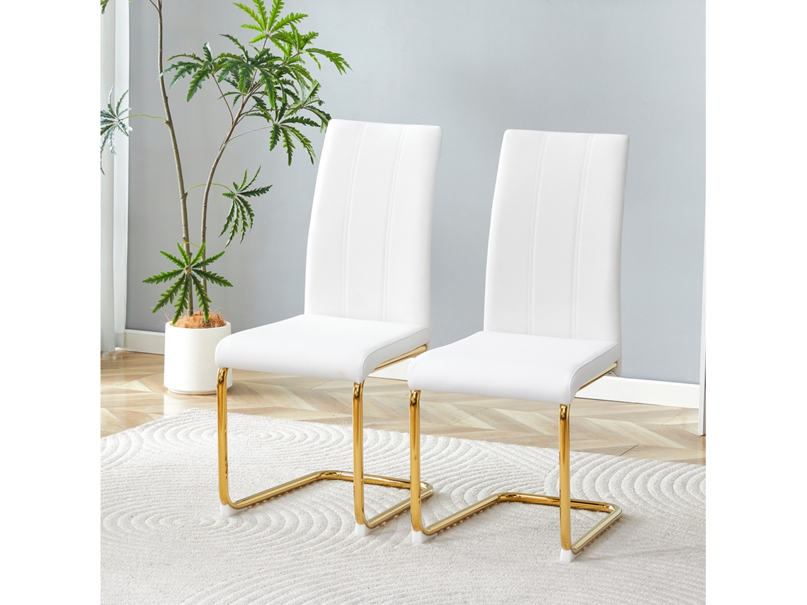 Elegante Silla De Comedor Blanca De Poliuretano Con Estructura Dorada.