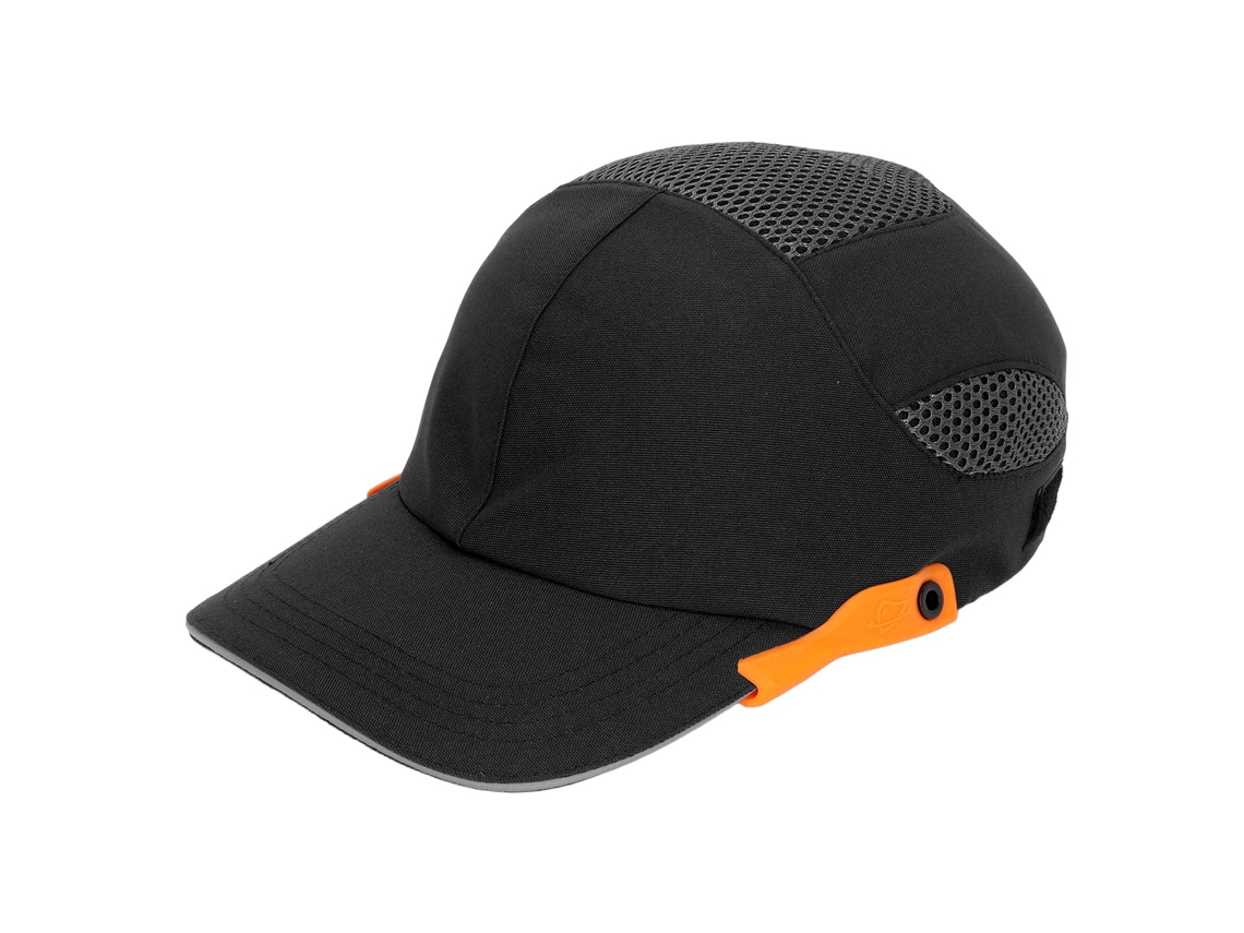 Gorra De Béisbol Antichoque Con Visera Transpirable Ajustable, Color Negro Con Ribete Naranja.