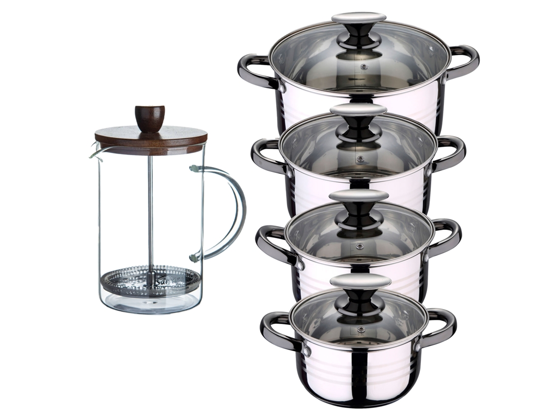 Batería De Cocina Ø16ø18ø20ø24 Cm De Acero Inoxidable Dina San Ignacio (8 Piezas) Con Cafetera De Émbolo