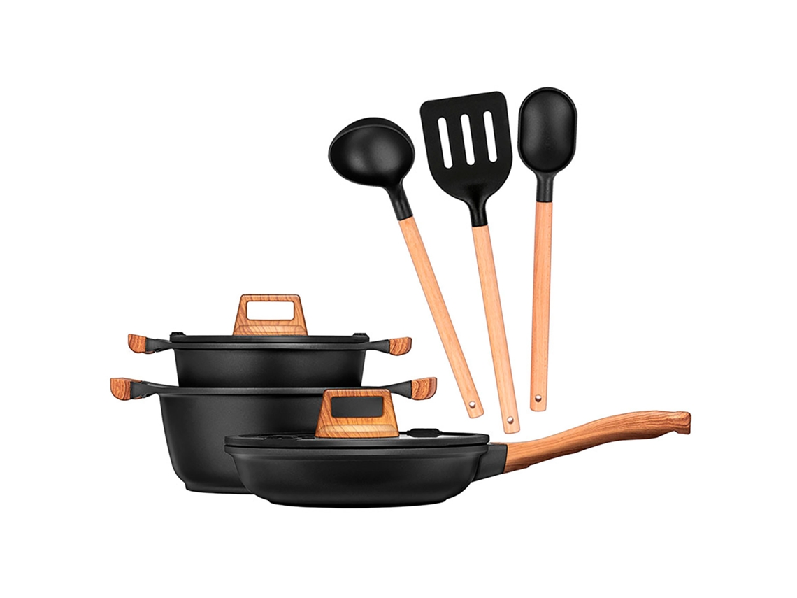 Batería Cocina Inducción Aluminio Fundido Antiadherente Sin Pfoa Set Cazuelas Sartén Utensilios Smile Mgk-23 Negro