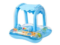 Flotador hinchable para bebé con toldo, equipado con asiento de seguridad y juguete con cascabeles y personajes de dibujos animados.