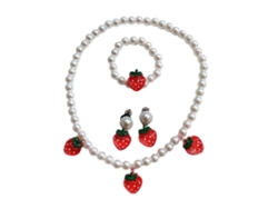 Conjunto de 3 piezas: collar, pulsera y aretes de perla en forma de fresa con detalles en turquesa. Nostalgia88