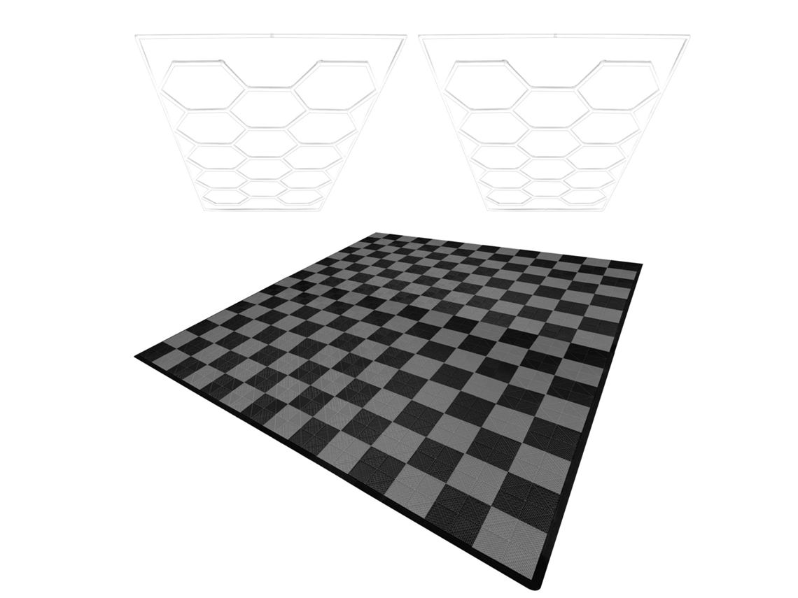 Plafones de polipropileno con bordes negros (x120) y grises (x120). Plafón LED hexagonal (x2 unidades). Monstershop (240 unidades).