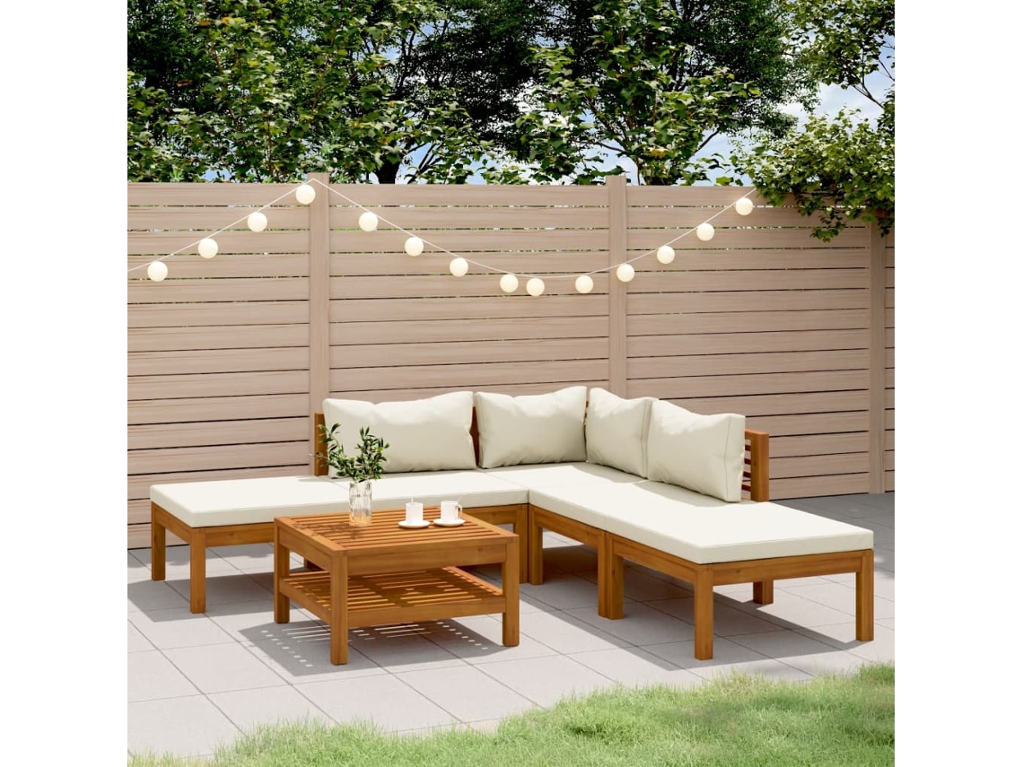 Conjunto Lounge 6 Pcs Jardim C/ Almofadões Creme Acácia Maciça Dkd Home Decor