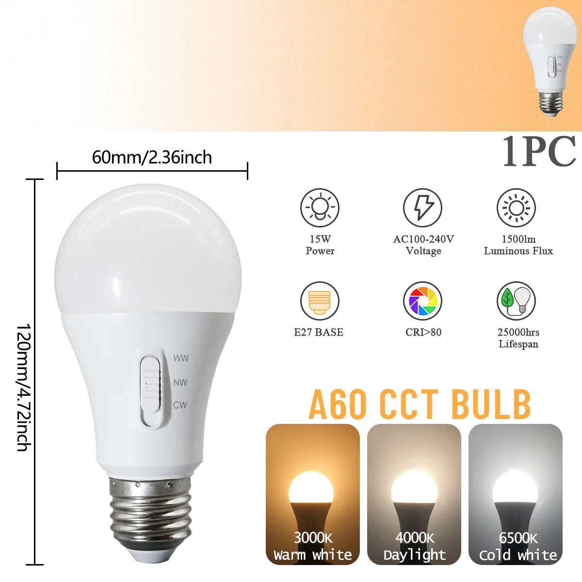 (1 Pc, Ac100-240v) Bombilla Led E27 Con Interruptor Dip, Interruptor De Temperatura De Tres Colores, 15w, Para La Iluminación Del Hogar