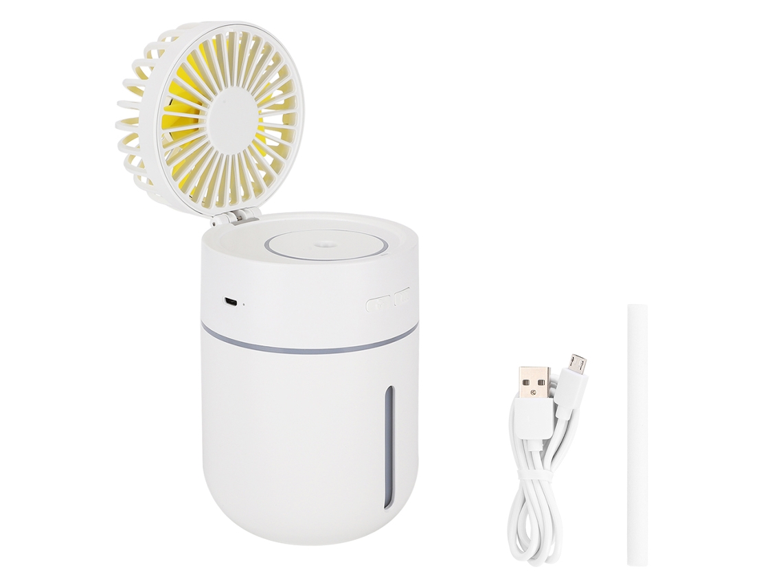 Mini ventilador portátil recargable por USB con humidificación silenciosa.