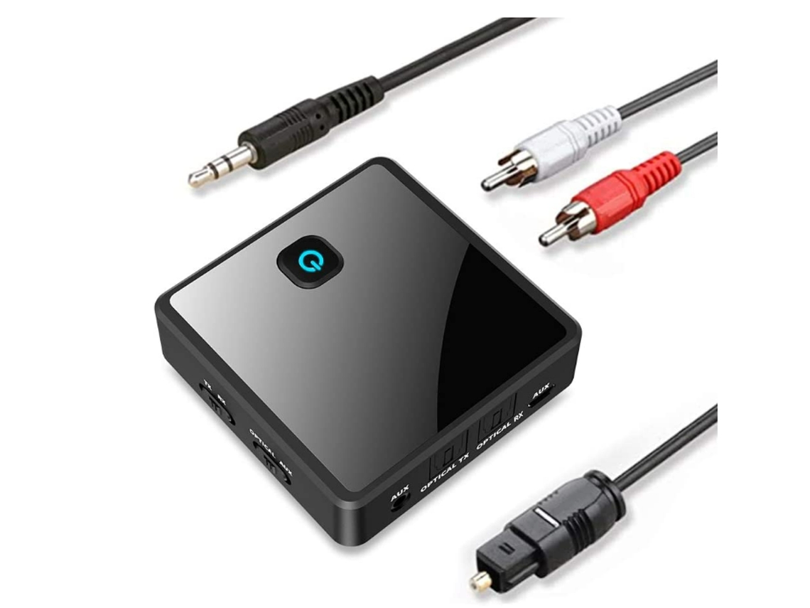 Receptor transmisor Bluetooth 5.0 (óptico, AUX de 3,5 mm, RCA), adaptador  de audio inalámbrico de baja latencia, adaptador AUX Bluetooth recargable  para TV, PC, altavoces de sistema estéreo para coche