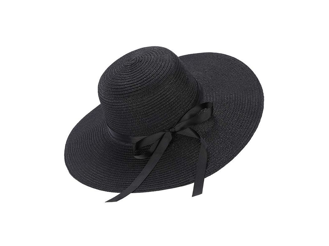 Paja Sombrero para mujer Verano con Moño Plegable Protección UV UPF50+ Negro