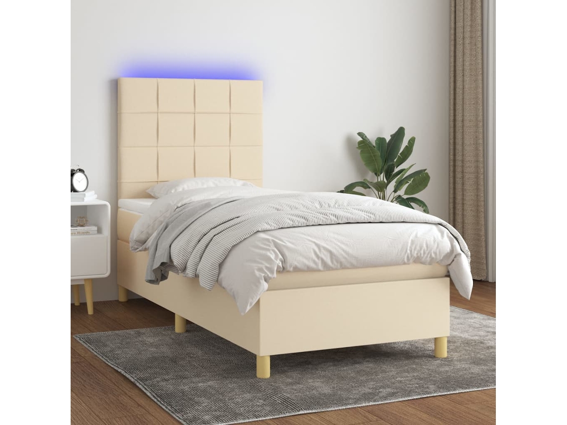 Cama Box Spring Colchón Y Luces Led Tela Color Crema 90x190 Cm