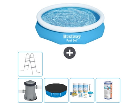 Piscina hinchable redonda Fast Set BESTWAY - 305 x 66 cm - Azul - Bomba incluida Cubrir - Paquete de mantenimiento - Filtrar - Escalera